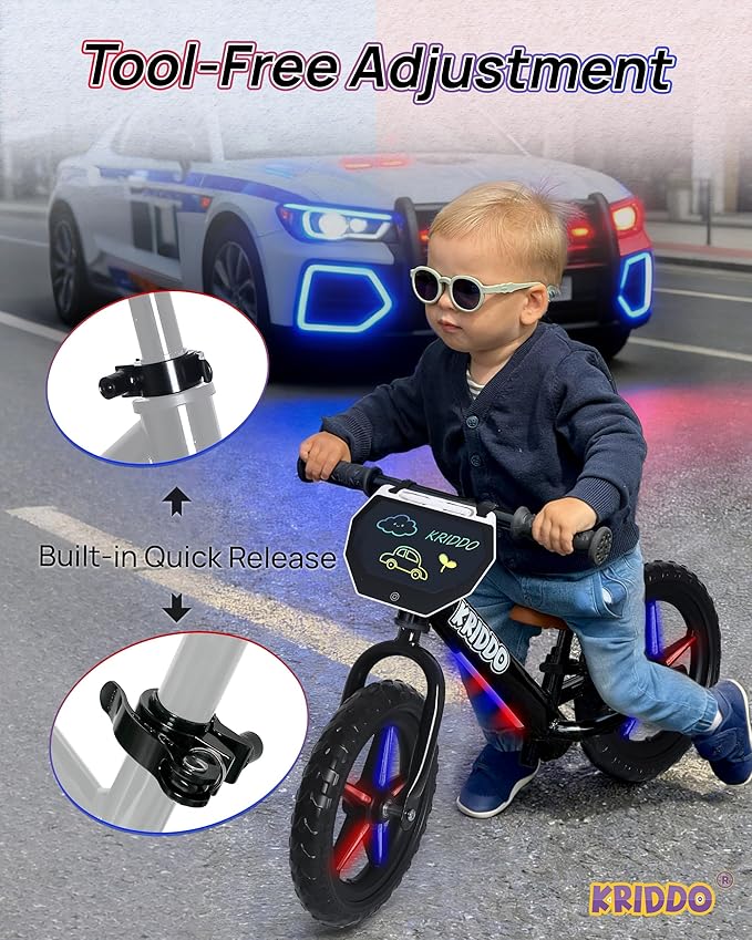 KRIDDO Toddler Balance Bike 2 Years Old, 12-Inch Colorful Lighting-Up Push Bicycle with LCD Writing Tablet, Steady Balancing, Gift Bike for 2-5 Boys Girls, LED-Black