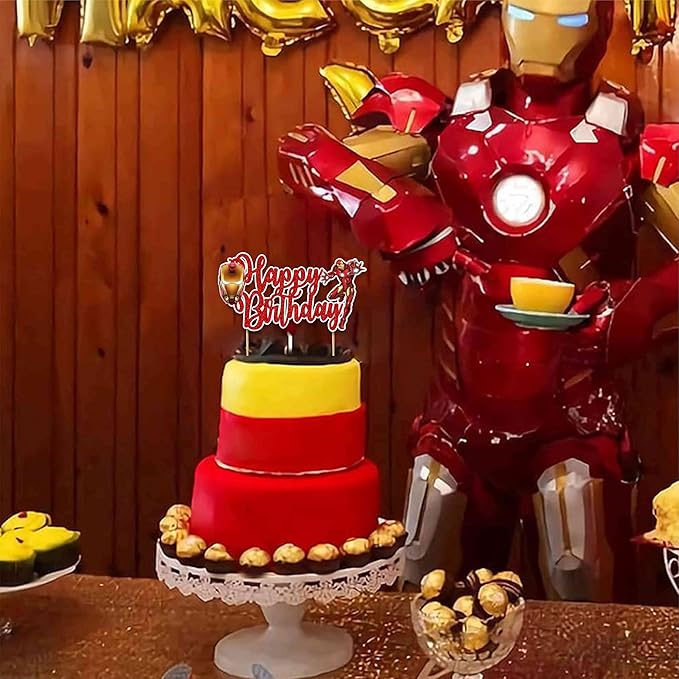 "Irn Man Happy Birthday Cake Topper – Superhero Theme Birthday Party Decoration for Adults – Durable Glitter Cake Topper for Boys Girls, Comic Hero Themed Birthday Party Supplies for Cake Décor"