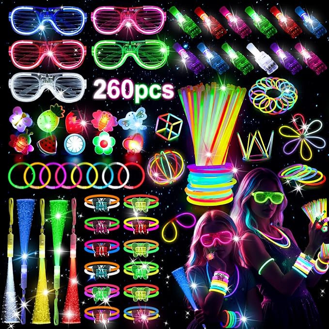 LovesTown 260PCS Glow in the Dark Party Supplies for Kids Adults, Light up Party Favors with LED Glasses Glow Sticks Finger Lights Light up Rings for Easter Basket Stuffers Raves Accessories
