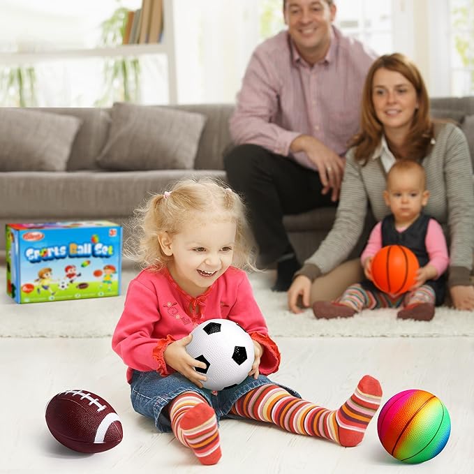 Small Sports Balls for Toddler Pack of 6, Easter Gifts for Kids, 2 Each of 5" Football, Basketball, Soccer for Playground, Toy Balls Inflatable Multi-Sport Ball Set with 1 Pump
