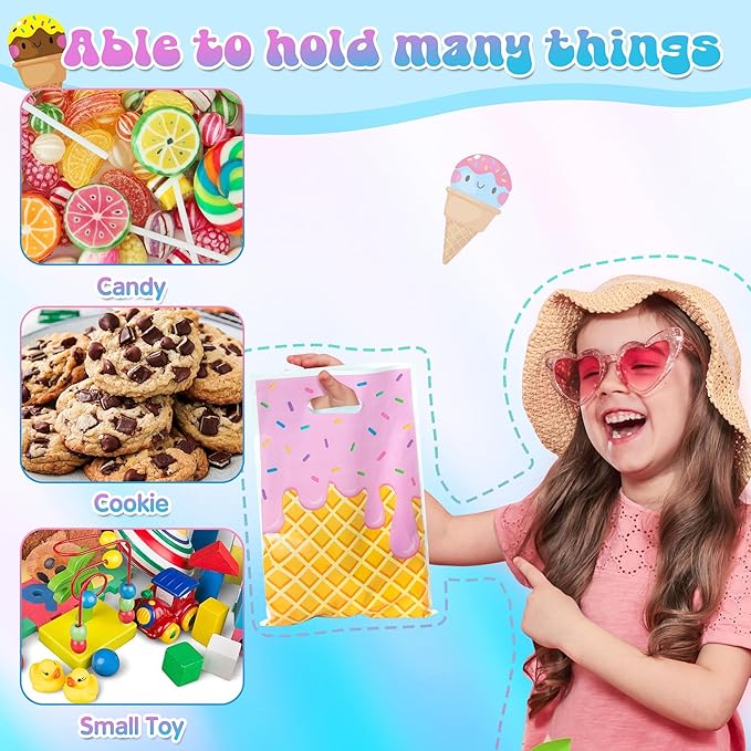 Ice Cream Party Favor Bags - 50Pcs Plastic Sweet Candy Goodie Treat Gift Bag with Handles Cute Summer Ice Cream Theme Birthday Party Supplies Baby Shower Wedding Decor