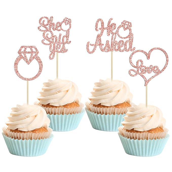 Gyufise 24Pcs Rose Gold He Asked She Said Yes Cupcake Toppers Diamond Ring Heart Cake Picks for Wedding Engagement Party Cake Decorations