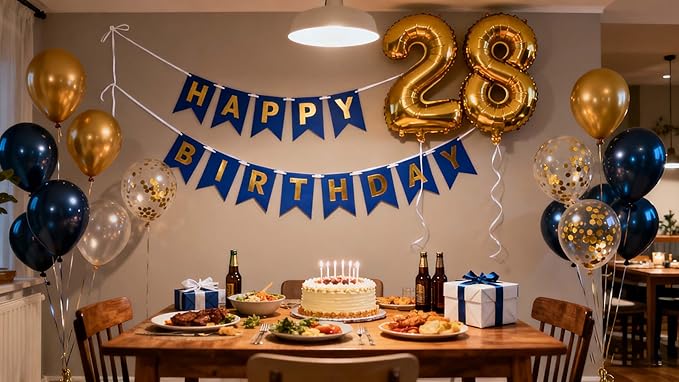 28th Birthday Decoration for Men, Navy Blue Gold 28th Party Balloons Supplies, 28th Happy Birthday Banner Number 28 Foil Metallic Confetti Balloons for Men Him Women Her 28th Birthday Party(28th)