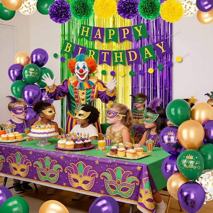 Purple Green Gold Party Decorations, Metallic Printed Confetti Balloons Fringe Curtain Happy Birthday Banner Circle Dots Garland Paper Pompom New Orleans Holiday Masquerade Party Supplies