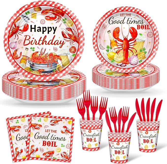 Avezano 144 pcs Crawfish Boil Birthday Party Supplies Let the Good Times Boil Party Plates and Napkins Disposable Lobster Seafood Boil Birthday Party Decorations Serve 24
