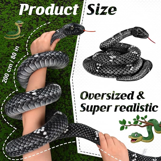 Giant Stuffed Snake, 80in Lifelike Plush Snake for Kids, Birthday Gift Party Prank Prop (Black)