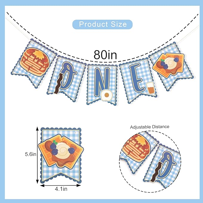 Brunch 1st Birthday High Chair Banner - Breakfast First Birthday Party Decorations, Pancakes and Pajamas Party Supplies, Breakfast Food Party Banner, Pancake and Waffle Cake Smash Photo Props (Blue Brunch Banner)
