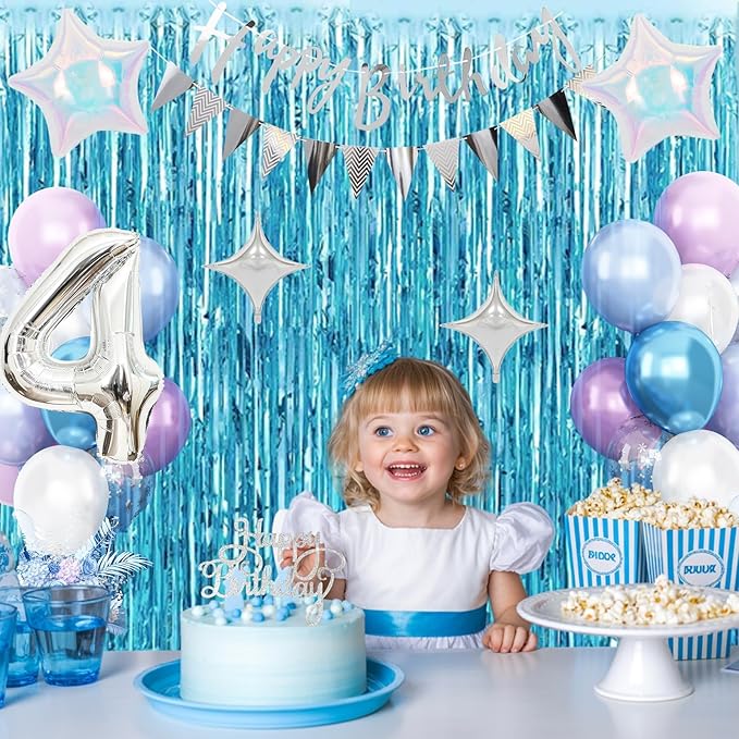4th Snow Birthday Decorations for Girl, Blue Purple Balloons with Happy Birthday Banner Curtain Silver Number 4 Balloon Iridescent Star Foil Balloons for Girls Baby Shower Birthday Party Supplies