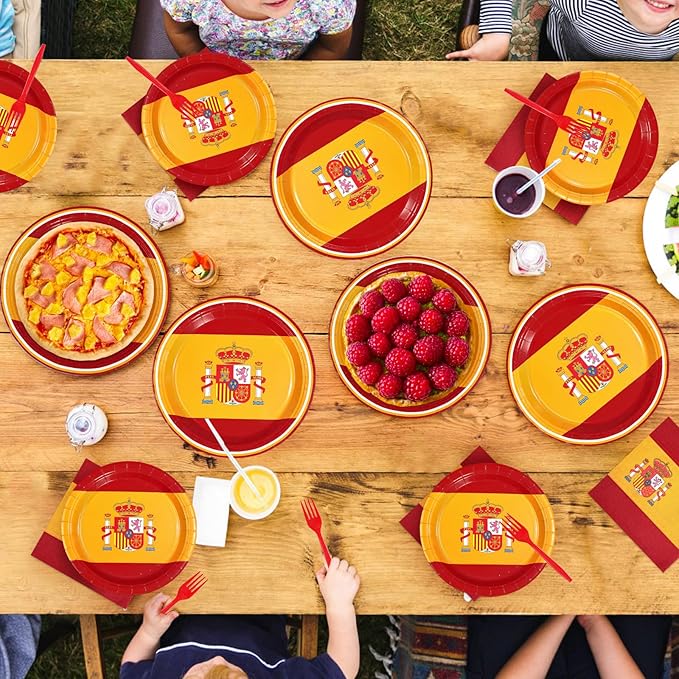 96 Pcs Spain Flag Party Decorations Disposable Spanish Flag Paper Plates and Napkins Spanish National Day Tableware Set for Country Decoration Patriotic Festival Party Supplies, Serves 24