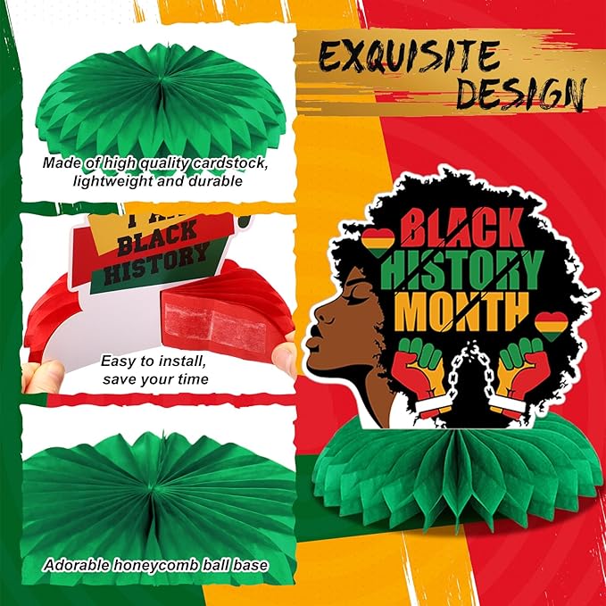 Pickmesh 12 Pieces Black History Month Party Decorations 3D Black History Honeycomb Centerpieces Table Decor African American BHM Festival Decorations Table Toppers for Party Supplies
