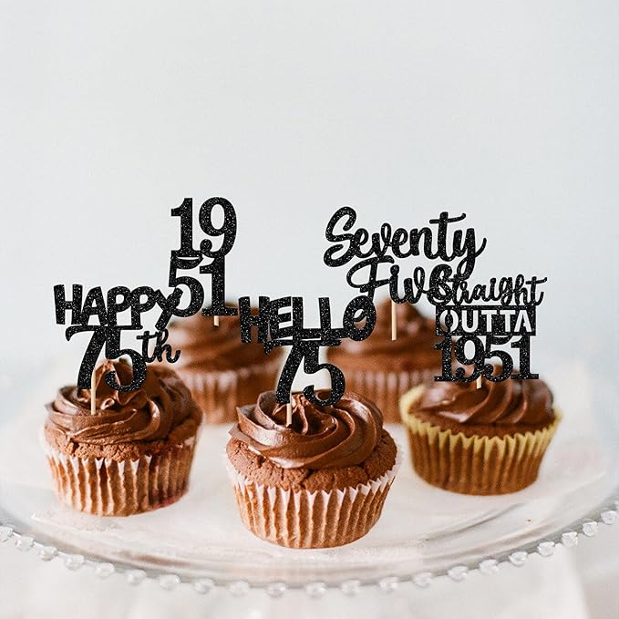 30PCS Black 75th Birthday Cupcake Toppers Glitter Seventy Five Happy 75th Straight Outta 1951 Cupcake Picks for Cheers to 75 Years Birthday Anniversary Party Cake Decorations Supplies