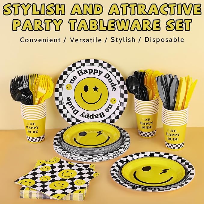 durony 196 Pieces One Happy Dude Birthday Party Decorations First Birthday Smile Face Party Tableware Set Smiley Plates Cups Napkins Forks for One Happy Dude Party, 1st Party, Serve 28 Guest