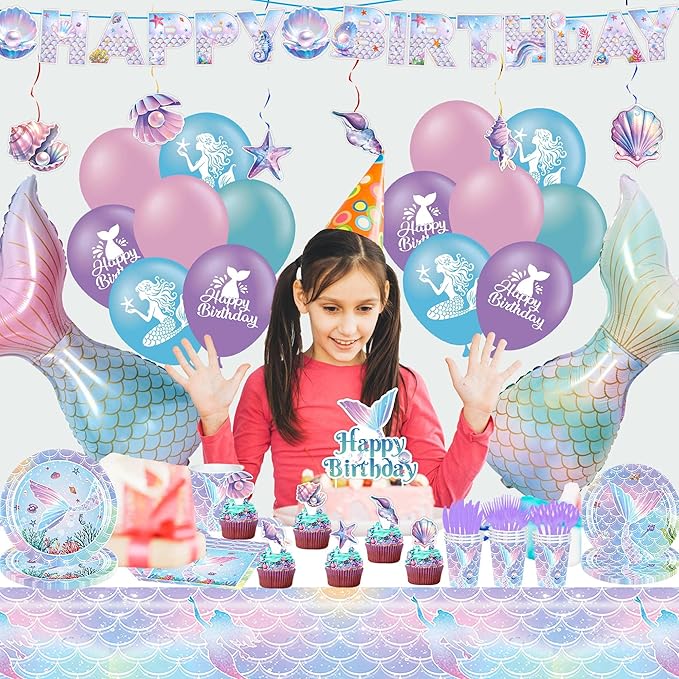 Mermaid Birthday Decorations Party Supplies Include Plates, Napkins, Cups, Cake & Cupcake Toppers, Tablecloth, Banner, Hanging Swirls, Balloons for Girls Mermaid Birthday Party