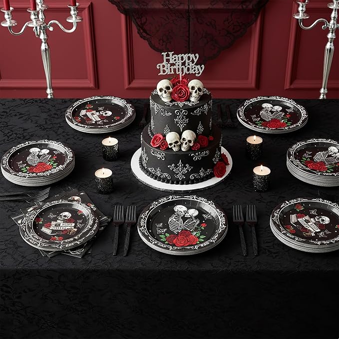 96Pcs Dark Romance Book Lover Skull Rose Black Gothic Party Plates Supplies Tableware Decorations Disposable Paper Plates Napkins Forks for Birthday, Serves 24