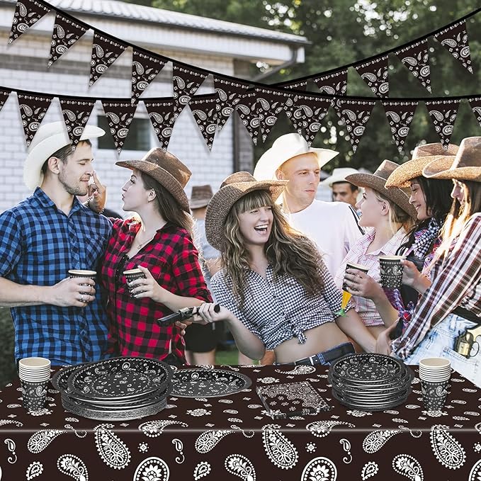 123 Pcs Western Cowboy Party Decorations, Wild West Birthday Decorations Tableware Set, Cups, Plates, Napkins, Banner & Tablecloth for Cowboy Themed Party Ideal for Bbqs, Baby Showers(Black)