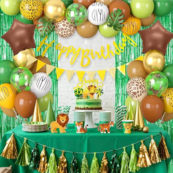 Jungle Safari Birthday Decorations, Safari Theme Party Supplies with Green Brown Animal Print Balloons Happy Birthday Banner Cake Topper Fringe Curtain Palm Leaves for Woodland Themed Party Decor