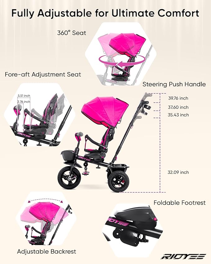 7-in-1 Tricycle for 18 Months to 5 Years, All-Terrain Rubber Tires, Dual Wheel Brakes, Rotatable Seat for Toddlers 1.5-3, Tricycle for 3-5 Years with DIY Stickers, Pink