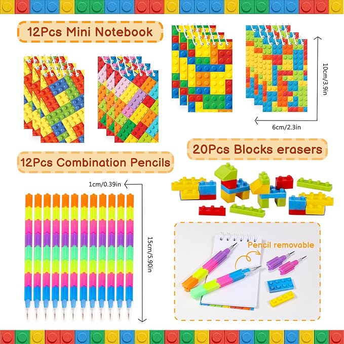 Bluegogo 104Pcs Building Block Birthday Party Favors for Kids Include Mini Notebook Pens Straws Keychains Erasers Wristbands Stickers Bags for Building Blocks Birthday Party Supplies