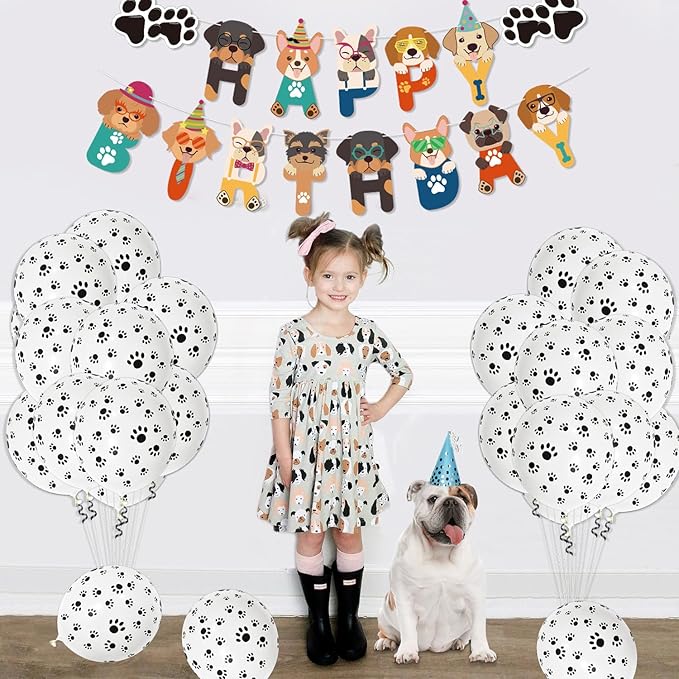 Dog Birthday Party Supplies - Cut Puppy Dog Paw Party Supplies for Doggy, Kids, Birthday Includes Plates, Cups, Napkins, Tableware, Tablecloth, Banner, Balloons, Cake Toppers - Serves 20