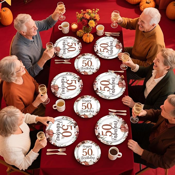 Grencian 96Pcs Fall Burgundy Floral 50th Birthday Party Decorations 50th Fabulous Plates and Napkins Cheers to 50 Tableware for Women 50 Years Old Birthday Party Decorations Serves 24