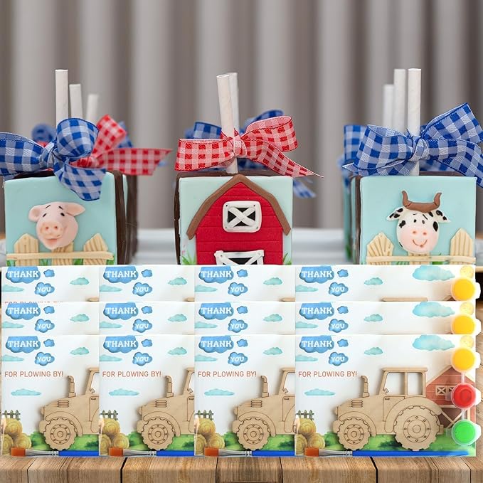 12 Pack Pre-Packaged Tractor Party Favors, Wooden Tractor Cutouts with Magnets & Painting Kits for Kids, Farm Theme Birthday Decorations & Thank You Gifts for Guests