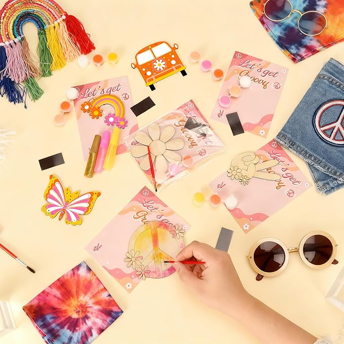 Bafeil 24 Sets Groovy Party Favors, DIY Wooden Painting Crafts Kit with Magnets, Retro Hippie Birthday Decorations, Retro Boho Themed Birthday Party Supplies Gifts Goodie Bags Stuffers Prizes