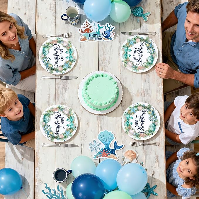50 Pcs Wreath Christmas Paper Plates 10" Large Disposable Seashell Beach Platters Blue Coastal Style Decorations for Ocean Merry Christmas Festive Xmas Theme Holiday Birthday Party Supplies