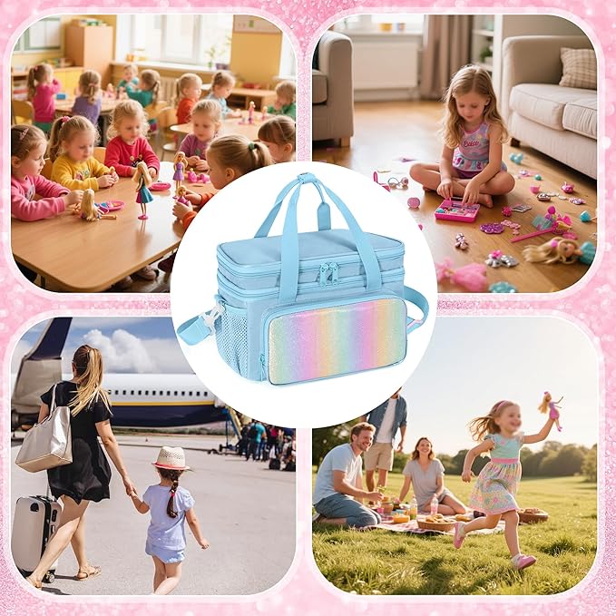 Carrying Case Compatible with Barbie Doll Clothes, Doll Accessories Storage Organizer, Double Layer Design, with Handle and Detachable Shoulder Strap, Case only (Blue)