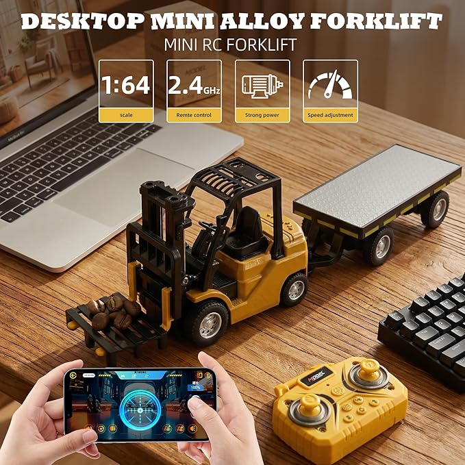 RC Mini Liftable Forklift Toy, 1:64 Construction Fork Truck, Movable Forks - Scale Mini Remote Control Vehicle Model for Kids Adult Collection & Desk Decoration- Yellow