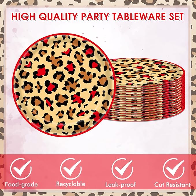 40 Pcs Cheetah Print Birthday Decorations Red Black Leopard Print Tableware Safari Animal Jungle Birthday Party Decor Supplies Includes 20PCS Dessert Plates and 20PCS Napkins for Girls Women