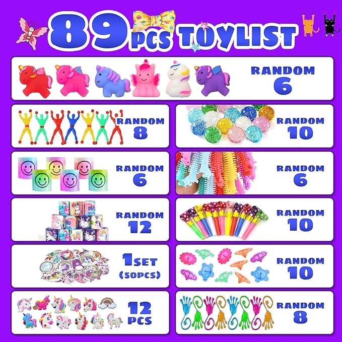 Unicorn Party Favor Goodie Rainbow Elastic Ball Bracelets Stickers Gifts Pinata Filler Bulk Toys for Unicorn Party Girl Kid Birthday Party Stuffers Supplies (Style 01)