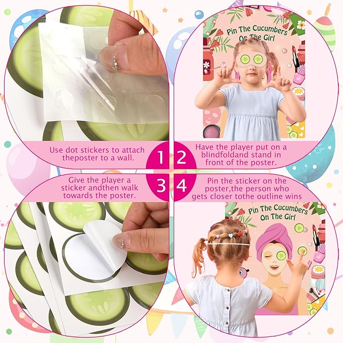 PLULON Spa Party Game for Girls Party, Pin The Cucumber on The Girl Spa Game Poster for Kids Girl Spa Birthday Makeup Sleepover Slumber Party Supplies Women Party Decor