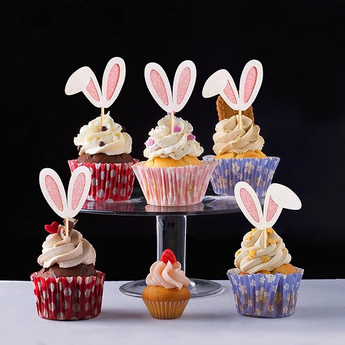 Ercadio 24 Pack Easter Bunny Ear Cupcake Toppers Glitter Pink Rabbit Ears Cupcake Picks Easter Bunny Cupcake Decors Rabbit Cake Toppers for Kids Girls Birthday Baby Shower Party Supplies
