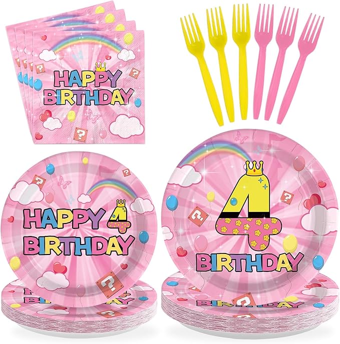 96Pcs Pink and Yellow 4th Birthday Decorations Princess Pink and Yellow Party Plates and Napkins Disposable Tableware for 4 years Old Girls Princess Birthday Party Decorations Serve 24