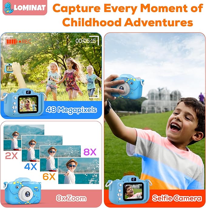 Kids Camera for 3, 4, 5, 6, 7, 8, 9 Year Old Boys Girls – 1080P HD Kids Video Camera, Dinosaur Christmas Birthday Gifts Dual Lens Digital Camera with Games, Toys for Toddlers - 32GB SD Card
