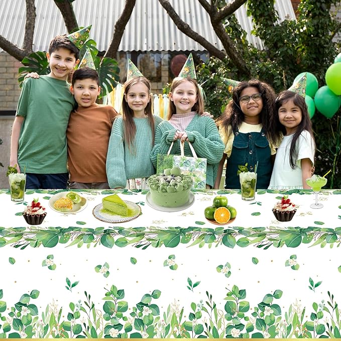 4 Pack Sage Green Eucalyptus Leaf Tablecover Sage Greenery Tablecloth Plastic Green Leaves Rectangular Greenery Table Cloths for Neutral Baby Shower Birthday Jungle Wedding Party Supplies 86 x 51 IN