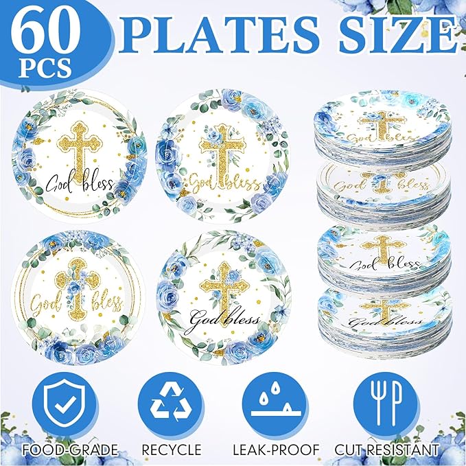 60 Pcs Baptism Cross Paper Plates 9 Inch God Bless Flower Disposable Plates First Holy Communion Floral Party Plate Tableware for Christening Celebration Baby Shower Religious Party Supplies