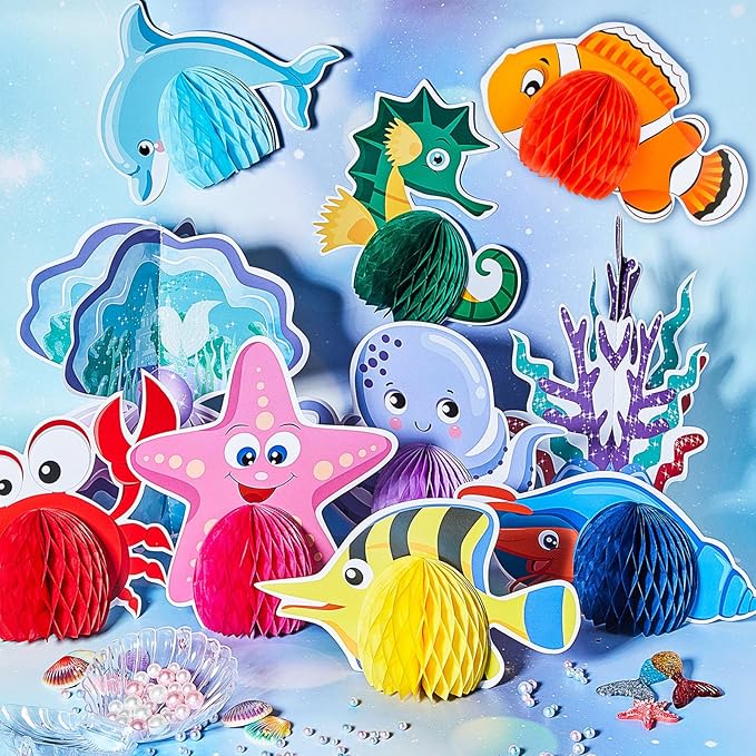 WILLBOND 12 Pieces Under The Sea Honeycomb Centerpiece Ocean Themed Party Table Decoration Ocean Animal Fish Creature Mermaid for Birthday Beach Shower Party Supplies