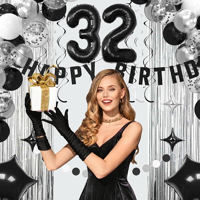 32th Birthday Decorations for Men Women- Black Silver Happy 32th Birthday Party Decor With Banner Backdrop,Number 32 Foil Balloon -Black White Balloons Garland Arch Kit for 32 Years Old