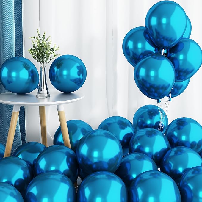 Chrome Blue Balloons, 50 PCS 10 Inch Double-Layered Metallic Light Blue Balloons, Shiny Thick Chrome Metallic Light Blue Latex Helium Balloons for Birthday Wedding Graduation Party Decoration Supplies