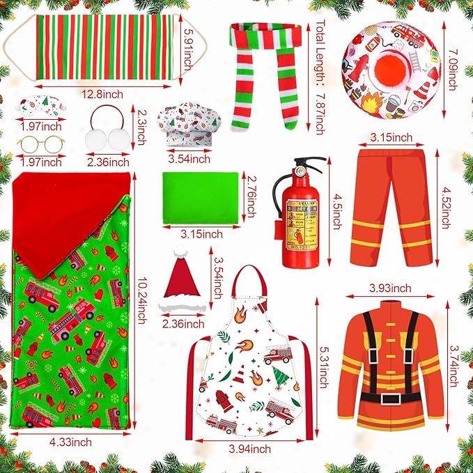 Kacctyen 14 Pcs Fireman Themed Christmas Doll Accessories Include Christmas Doll Firefighter Suit Sleeping Bag Apron Santa Hat Scarf Glasses Pillow Eye Mask Shoes Mask Hammock
