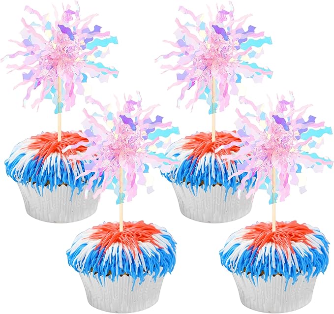 30 PCS Foil Firework Cupcake Toppers Sparkle Tinsel Cupcake Picks Happy Birthday Cake Toppers Drink Stirrers Cocktail Food Fruit Toothpicks for Baby Shower Wedding Party Decorations Supplies Pink