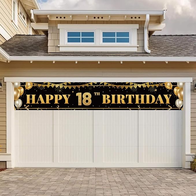 Large Happy 18th Birthday Decoration Banner, Black and Gold Happy 18th Birthday Banner Sign, 18th Birthday Party Decorations Supplies(9.8x1.6ft)