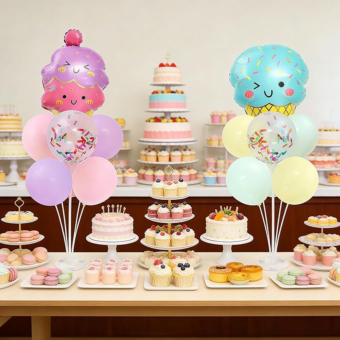 Ice Cream Party Balloons Stand for Table 2 Sets with 2 Ice Cream Foil Balloons 14 Pastel Latex Balloons for Sweet One Birthday Girl Baby Shower Party Decorations