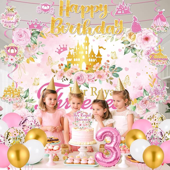 Princess 3rd Birthday Party Decorations, Her Royal Threeness Birthday Banner Pink Princess Backdrop Banner Hanging Swirls Balloons Cake Topper for 3 Years Old Girl Bday Party Supplies