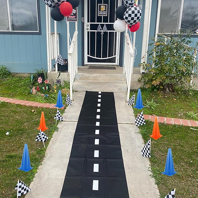 Two Fast Birthday Decro,13ft (2ft Wide)Race Floor Runner(1pc),Racing Checkered Flags (12pcs),16ft Black and White Checkered Banner(1pc),Racing Themed Party Centerpiece Supplies.Two Fast Decorations.Lightning Mcqueen Birthday Decorations
