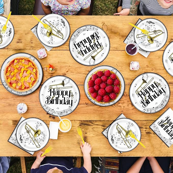 96Pcs Trombone Birthday Party Supplies Trombone Saxophone Birthday Plates and Napkins Musical Theme Birthday Tableware Set for Music Instrument Themed Party Supplies Serves 24