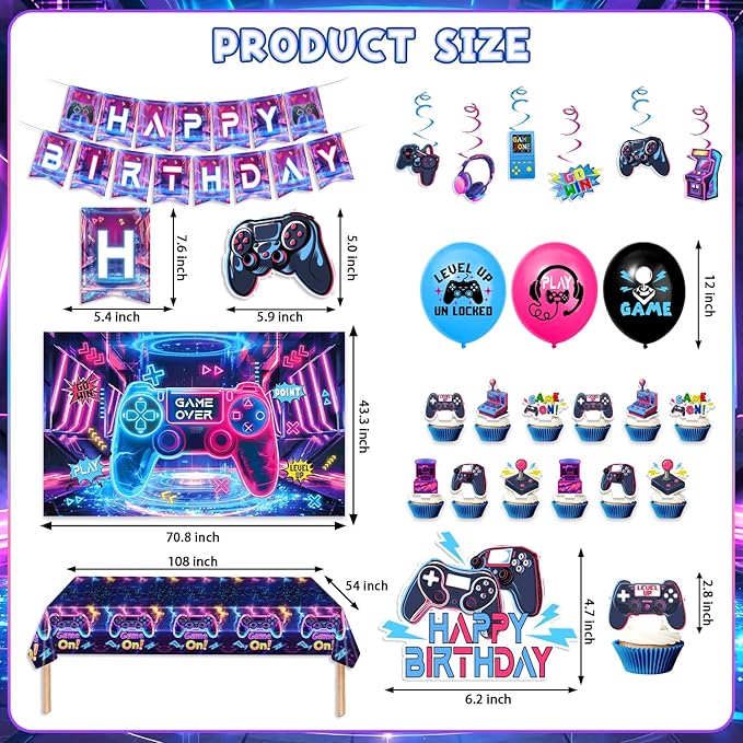 45Pcs Gamer Birthday Party Decorations - Gaming Party Supplies with Backdrop, Banner, Tablecloth, Balloons, Swirls & Cake Toppers for Video Game Theme, Colorful