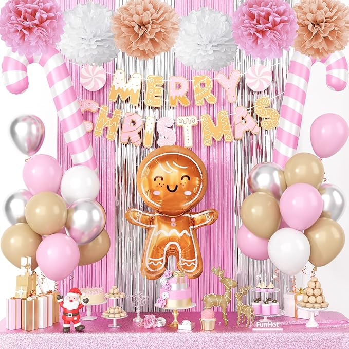 Pink White Christmas Decorations,Merry Christmas Decor Banner Paper Pompoms Fringe Curtain Backdrop Xmas Foil Balloons Latex Balloon for Indoor Outdoor Decorations