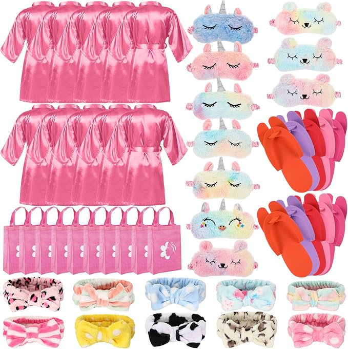 Bonuci 50 Pcs Spa Party Supplies for Girls, 10 Satin Robe 10 Kids Slippers Sleepover Birthday Spa Party Favors